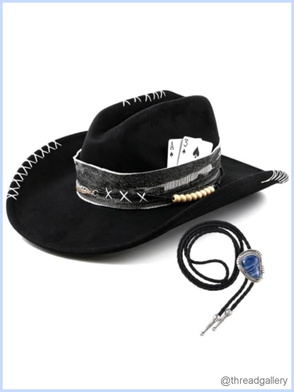 Felt Western Cowboy Hat with Blue Stone Necklace Set Wide Brim